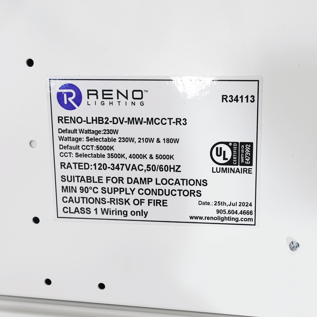 LED LINEAR HIGHBAY | Multi CCT 35k/4k/5k | Selectable Wattage 180w/210w/230w | Dual Voltage 120-347v | 10FT Cord Included | RENO-LHB2-DV-MW-MCCT-R3