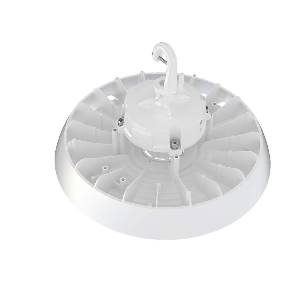 UFO ECO HIGHBAY - Multi Wattage 100/125/150W| 35/40/50K | 120-347V | DC12V adapter, with sensor base, 6FT cord. White Finish. RENO-HBU-150W-DV-MCCT-R1-ECO