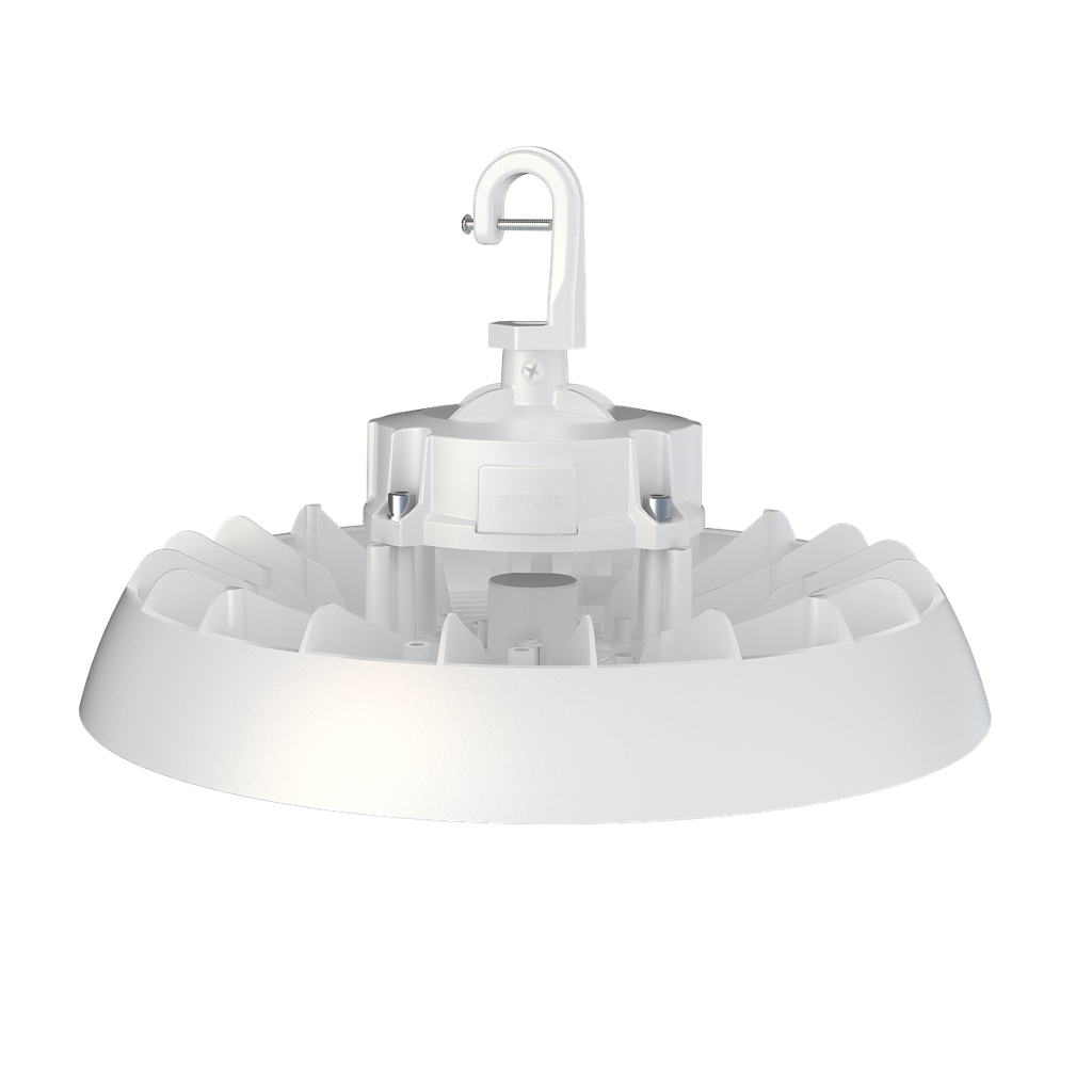 UFO ECO HIGHBAY - Multi Wattage 100/125/150W| 35/40/50K | 120-347V | DC12V adapter, with sensor base, 6FT cord. White Finish. RENO-HBU-150W-DV-MCCT-R1-ECO