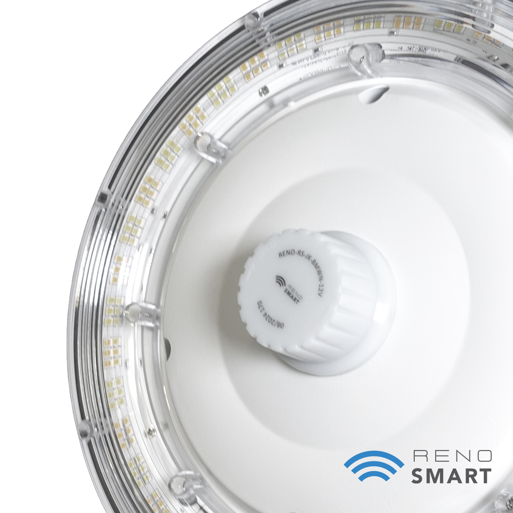 UFO ECO HIGHBAY - Multi Wattage 100/125/150W| 35/40/50K | 120-347V | DC12V adapter, with sensor base, 6FT cord. White Finish. RENO-HBU-150W-DV-MCCT-R1-ECO