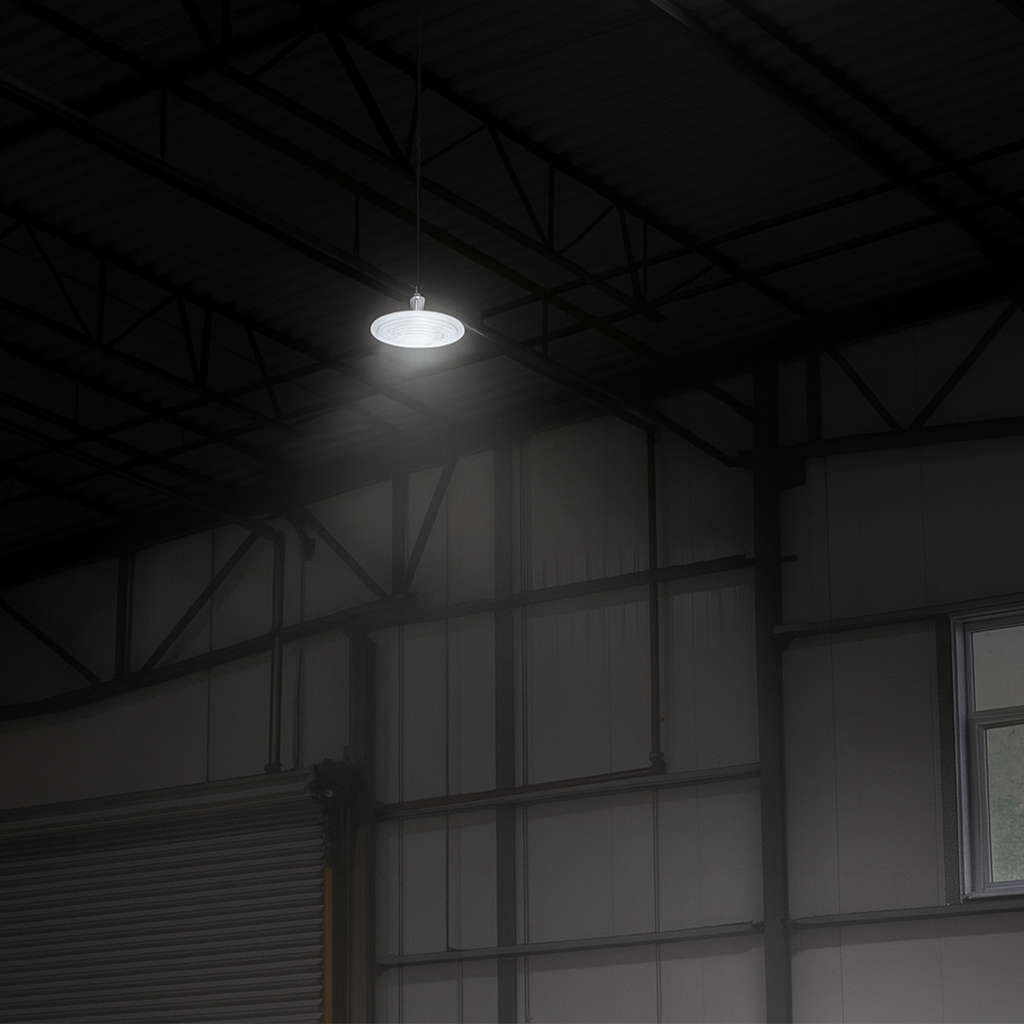 UFO ECO HIGHBAY - Multi Wattage 100/125/150W| 35/40/50K | 120-347V | DC12V adapter, with sensor base, 6FT cord. White Finish. RENO-HBU-150W-DV-MCCT-R1-ECO